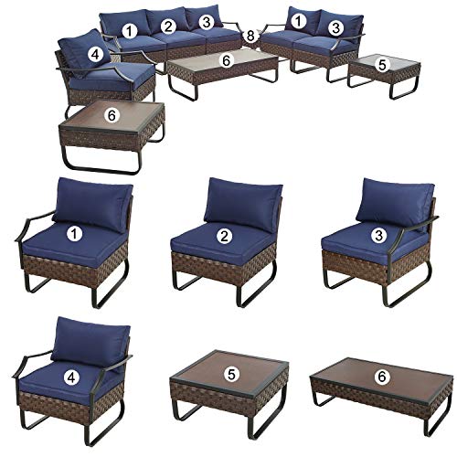 Festival Depot 10 Pcs Patio Conversation Sets Outdoor Furniture Sectional Sofa Loveseat with All-Weather PE Rattan Wicker Chair Coffee Table and Soft Removable Couch Cushions(Blue)