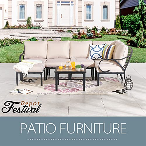 Festival Depot 7 Pcs Patio Conversation Set Sectional Corner Chair Ottoman with Thick Cushions and Side Table All Weather Metal Outdoor Furniture for Deck Poolside, Beige