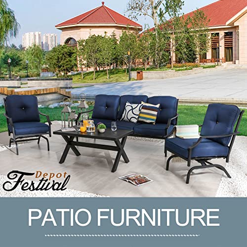 Festival Depot 4 Pieces Patio Conversation Set Outdoor Furniture Set (3-Seats Loveseat, 2 Armchairs and 1 Coffee Table) with Metal Frame and Cushions for Garden Poolside Backyard Deck