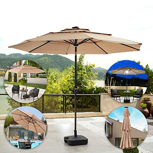 Festival Depot 9.8ft Outdoor Patio 3 Tiers Ventilation Market Aluminum Umbrella Button Tilt Easy Crank Center Light 8 Solar Powered LED Lights Bars All-Weather