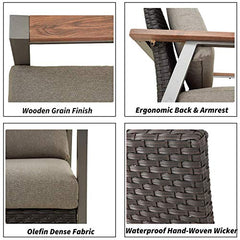 Festival Depot 3 Seats Patio Chair Rattan Wicker Bench in Metal Frame Sofa with Removable Cushions Outdoor Furniture for Lawn Garden Backyard, Dark Grey