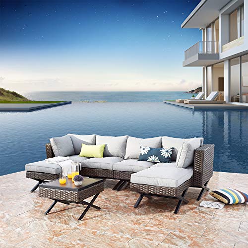 Festival Depot 7pcs Outdoor Furniture Patio Conversation Set Sectional Corner Sofa Chairs with X Shaped Metal Leg All Weather Brown Rattan Wicker Ottoman Side Coffee Table with Grey Seat Back Cushions