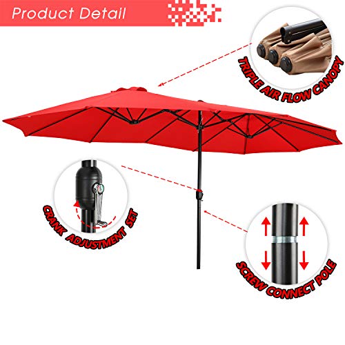 Festival Depot 14.7 ft Patio Outdoor Double-Sided Umbrella Large Twin Market Ventilation Aluminum Crank for Porch, Deck, Backyard and Pool 