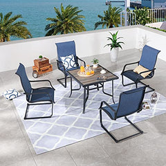 Festival Depot 5Pcs Patio Dining Set of 4 High Back Chairs with Textilene Fabric and 1 Square Metal Table with Wood-Like DPC Tabletop and Curved Steel Legs for Backyard Deck Garden