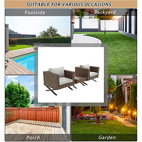 3-Piece Bistro Outdoor Conversation Set Wicker Rattan Armrest Chairs with Deep Cushion Square Wood Grain Top Side Coffee Table 