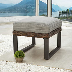 Festival Depot Patio Ottoman Outdoor Wicker Footstool Small Seat Rattan Furniture with All- Weather Metal Legs and 6.3" Cushion for Deck Poolside Yard Garden Porch (Grey)