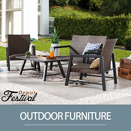 Festival Depot 4Pcs Patio Conversation Set, PE Wicker Bistro Set, All-Weather Outdoor Furniture, with 1 Loveseat 2 Armchair and 1 DPC Coffee Table for Backyard Porch Lawn Deck Garden