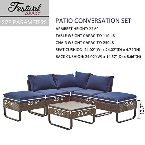 Festival Depot 6 Pieces Patio Conversation Sets Outdoor Furniture Sectional Corner Sofa, All-Weather PE Rattan Wicker Back Chair with Coffee Table Ottoman and Thick Soft Removable Couch Cushions(Blue)