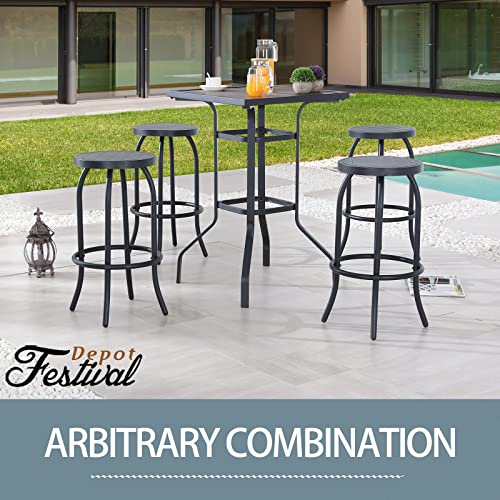 Sports Festival 5 Pcs Patio Bistro Height Set Outdoor Furniture, 4 Backless Bar Stool Chair with a Round Seat, Foot Pedals and Wooden Finish Desktop Metal Frame Steel Square Table for Deck Garden Lawn 