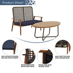 Festival Depot 2 Pieces Patio Outdoor Furniture Conversation Set Loveseat with Metal Side Coffee Side Table Wooden-Color Steel Wicker Weaving Mesh Back Armchair with Cushions (Blue)