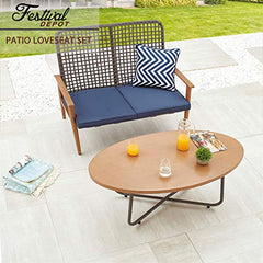 Festival Depot 2 Pieces Patio Outdoor Furniture Conversation Set Loveseat with Metal Side Coffee Side Table Wooden-Color Steel Wicker Weaving Mesh Back Armchair with Cushions (Blue)
