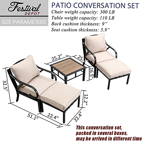 Festival Depot 5pcs Patio Bistro Set Metal Armchairs Ottomans with Cushions and Side Table All Weather Outdoor Furniture for Garden Balcony, Beige