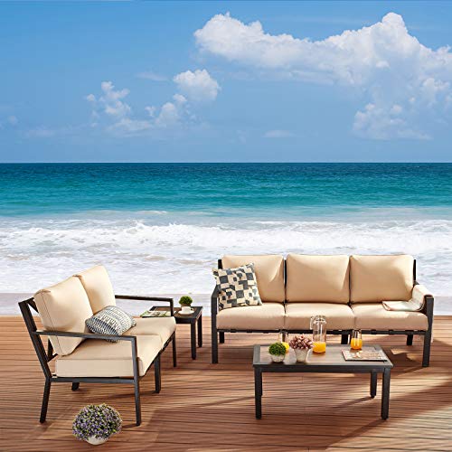 Festival Depot 7-Pieces Patio Outdoor Furniture Conversation Sets Loveseat Sectional Sofa, All-Weather Black Slatted Back Chairs with Coffee Side Table and Thick Soft Removable Couch Cushions (Beige)