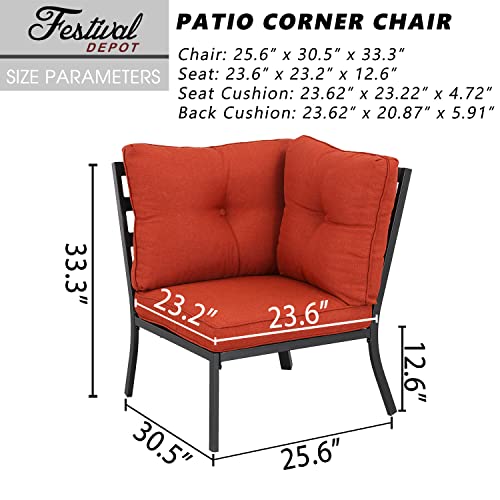 Festival Depot Patio Dining Corner Chair Outdoor Bistro Single Sofa with Removable Thick Cushion Metal Frame All Weather Sectional Conversation Furniture for Backyard Pool Deck Garden (Red)