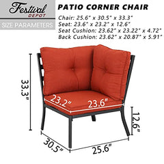 Festival Depot Patio Dining Corner Chair Outdoor Bistro Single Sofa with Removable Thick Cushion Metal Frame All Weather Sectional Conversation Furniture for Backyard Pool Deck Garden (Red)
