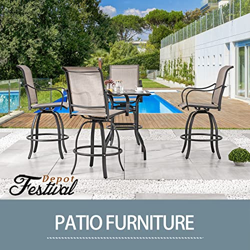 Festival Depot 3 Pcs Patio Bistro Bar Set High Stools Outdoor Furniture with 360° Swivel Armrest Chairs, Coffee Table with Tempered Glass Desktop, Metal Frame for Deck Poolside Garden Porch