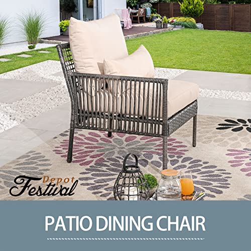 Festival Depot Patio Wicker Dining Chair, All-Weather Rattan Sectional Sofa Outdoor Furniture with Metal Frame Removable Seat & Back Cushion Pillow for Garden Pool Backyard Lawn (Beige)