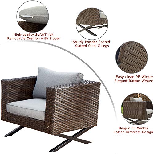 Festival Depot Patio Chair Wicker Armchair with Thick Cushions and X Shaped Steel Legs Metal Frame Outdoor Furniture for Garden Yard All-Weather 