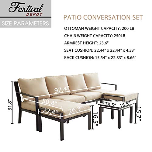 Festival Depot 7-Pieces Patio Conversation Sets Outdoor Furniture Loveseat Sectional Sofa, All-Weather Black Slatted Back Chairs with Coffee Table and Soft Removable Couch Cushions(Beige) 