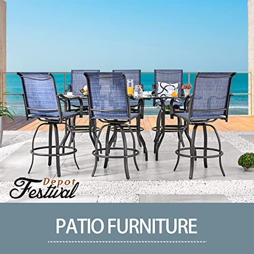 Festival Depot 3 Pcs Patio Bistro Bar Set High Stools Outdoor Furniture with 360° Swivel Armrest Chairs, Coffee Table with Tempered Glass Desktop, Metal Frame for Deck Poolside Garden Porch