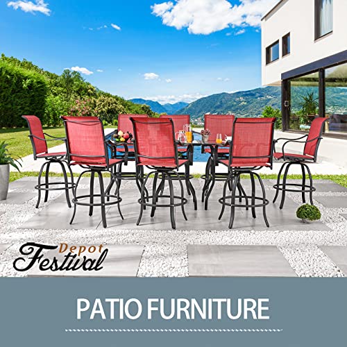 Festival Depot 3 Pcs Patio Bistro Bar Set High Stools Outdoor Furniture with 360° Swivel Armrest Chairs, Coffee Table with Tempered Glass Desktop, Metal Frame for Deck Poolside Garden Porch