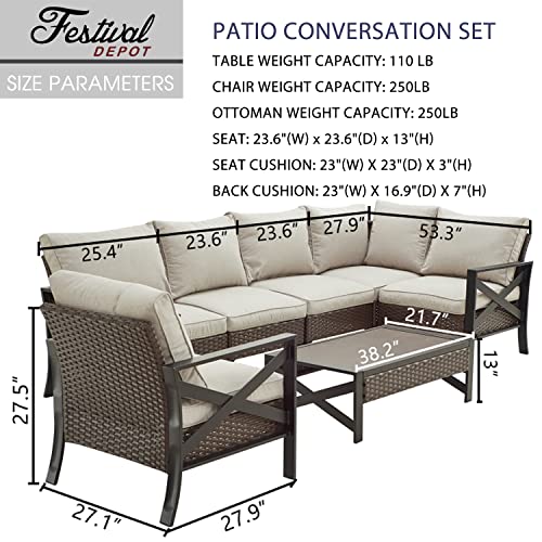 Festival Depot 7 Pcs Patio Outdoor Furniture Conversation Set Sectional Corner Sofa with All-Weather Brown Wicker Back Chair, Coffee Side Table, Ottoman and Soft Thick Removable Couch Cushions 