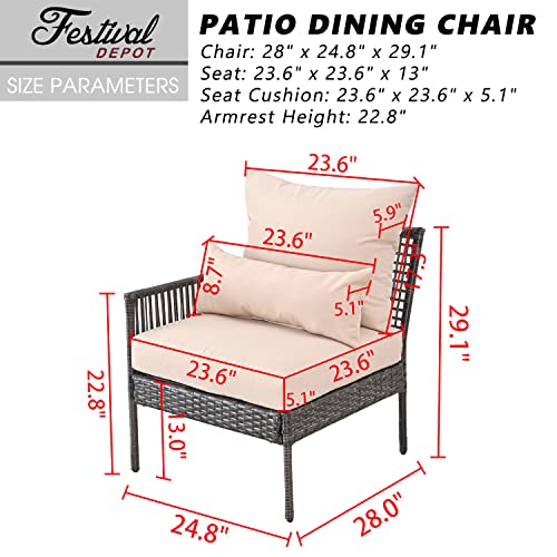 Festival Depot Patio Wicker Dining Chair, All-Weather Rattan Sectional Sofa Outdoor Furniture with Metal Frame Removable Seat & Back Cushion Pillow for Garden Pool Backyard Lawn (Beige)
