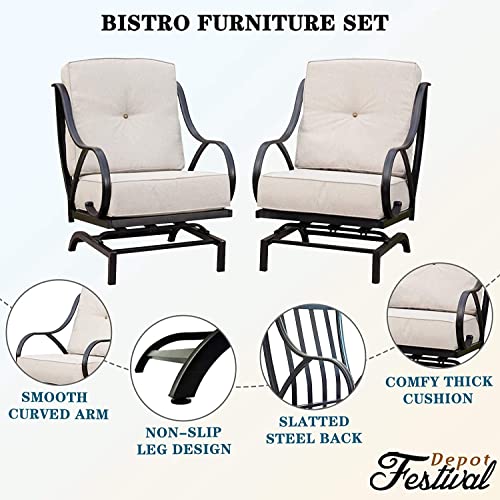 Festival Depot Patio Chair Set of 2 Metal Armchairs with Thick Cushions Outdoor Furniture for Bistro Deck Garden (Beige)