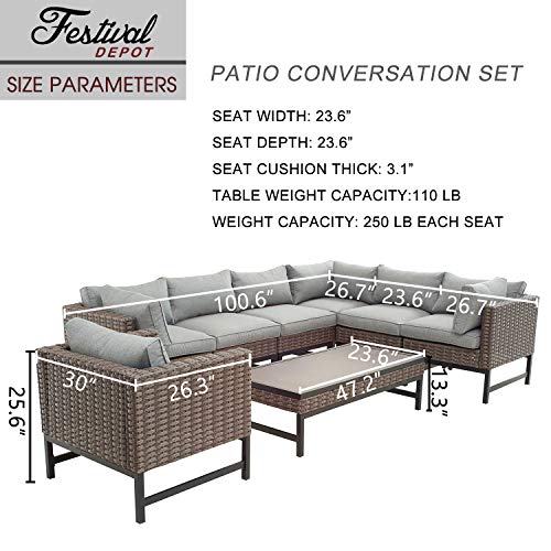 Festival Depot 8 Pieces Outdoor Furniture Patio Conversation Set Combination Sectional Corner Sofa All-Weather Woven Wicker Metal Chairs with Seating Back Cushions Side Coffee Table, Gray 