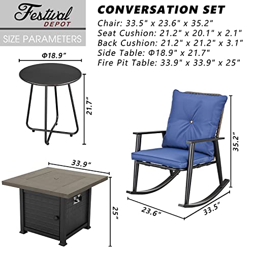 Elegant 7 Piece Outdoor Fire Pit Conversation Set with PE Wicker Rocking Chairs, Blue Cushions, and Side Tables 
