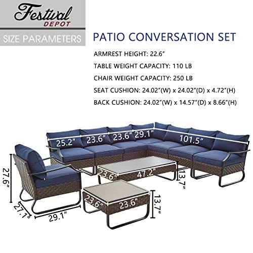 Festival Depot 10 Pcs Patio Conversation Sets Outdoor Furniture Sectional Corner Sofa with All-Weather PE Rattan Wicker Chair Coffee Table and Thick Soft Removable Couch Cushions (Blue)