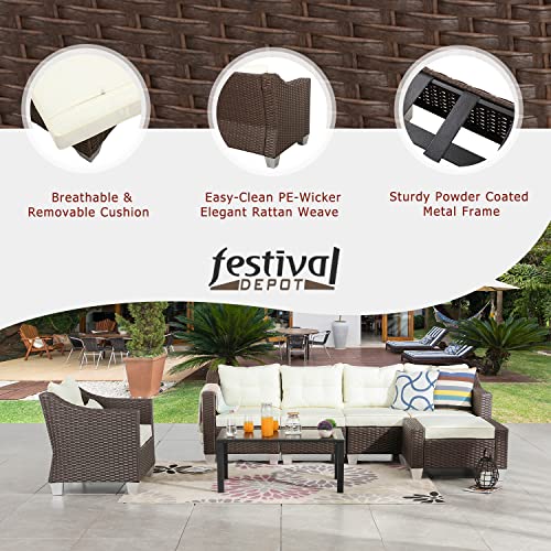 Festival Depot 7 Pcs Patio Conversation Set Outdoor Furniture Combination Sectional Sofa All-Weather PE Wicker Metal Armchairs with Seating Back Cushions Side Coffee Table (Beige) 