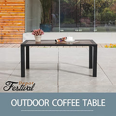 Festival Depot Outdoor Table Patio Dining Table with Metal Steel Frame Wooden-Like End Top All Weather Sectional Furniture for Garden Yard Lawn Pool