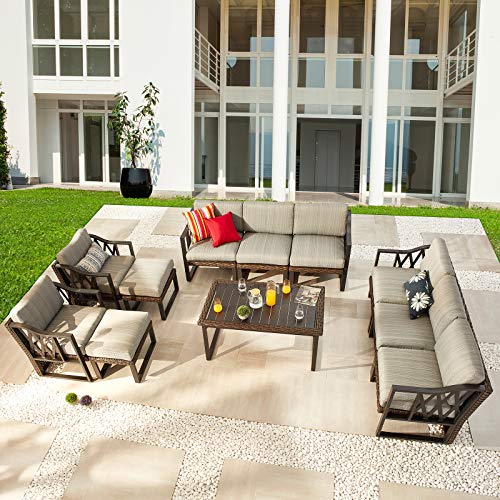 Festival Depot 11Pc Outdoor Furniture Patio Conversation Set Sectional Sofa Chairs All Weather Wicker Ottoman Metal Frame Rectangle Slatted Coffee Table with Thick Grey Seat Back Cushions No Pillows 