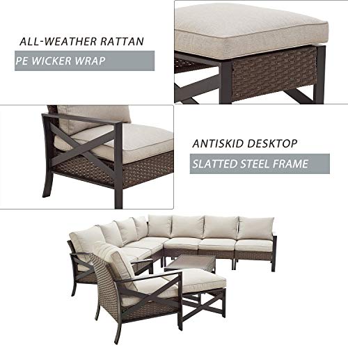 Festival Depot 10 Pcs Patio Outdoor Furniture Conversation Set Sectional Corner Sofa with All-Weather Brown PE Rattan Wicker Chair, Ottoman, Coffee Side Table and Thick Removable Couch Cushions 
