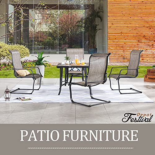 Festival Depot 5Pcs Patio Dining Set of 4 High Back Chairs with Textilene Fabric and 1 Square Metal Table with Wood-Like DPC Tabletop and Curved Steel Legs for Backyard Deck Garden