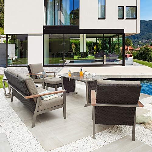 Festival Depot 6pcs Patio Conversation Set Metal Armchair All Weather Wicker Ottoman Rattan 3-Seater Sofa with Grey Thick Cushions and Dining Table Outdoor Furniture for Deck Poolside 