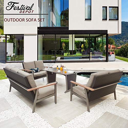 Festival Depot Patio Loveseat with Wicker Back and Thick Cushions Metal Frame Outdoor Furniture for Garden Deck Backyard, Dark Grey