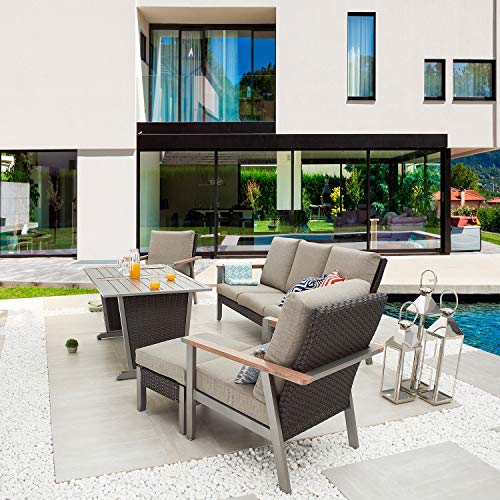 Festival Depot 6pcs Patio Conversation Set Metal Armchair All Weather Wicker Ottoman Rattan 3-Seater Sofa with Grey Thick Cushions and Dining Table Outdoor Furniture for Deck Poolside 