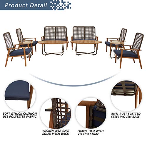Festival Depot 10 Pieces Patio Outdoor Furniture Conversation Set with Metal Side Coffee Side Table Wooden-Color Steel Wicker Weaving Mesh Back Armchair with Cushions (Blue)