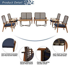 Festival Depot 10 Pieces Patio Outdoor Furniture Conversation Set with Metal Side Coffee Side Table Wooden-Color Steel Wicker Weaving Mesh Back Armchair with Cushions (Blue)