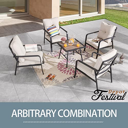 Festival Depot 5 Pcs Patio Bistro Sets Outdoor Conversation Furniture with 4 Dining Armchairs and 1 Square Coffee Table for Bar Indoor Home Garden Pool Porch (Beige)