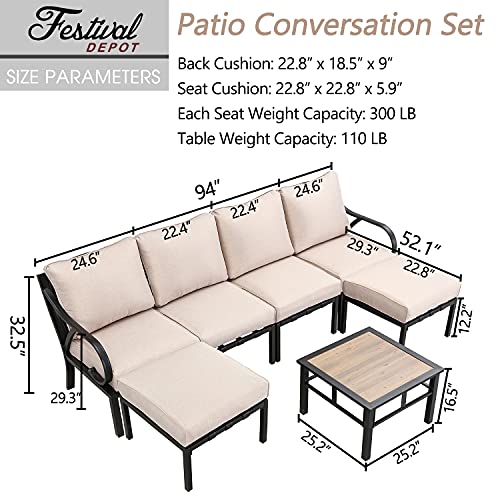 Festival Depot 7 Pcs Patio Conversation Set Sectional Chair Ottoman with Cushions and Coffee Table All Weather Outdoor Furniture for Deck Garden, Beige