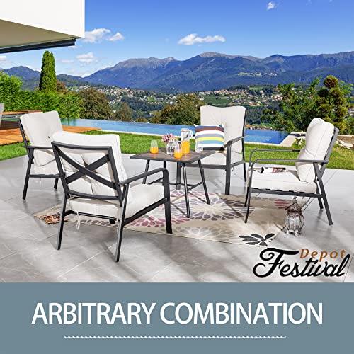 Festival Depot 5 Pcs Patio Bistro Sets Outdoor Conversation Furniture with 4 Dining Armchairs and 1 Square Coffee Table for Bar Indoor Home Garden Pool Porch (Beige)