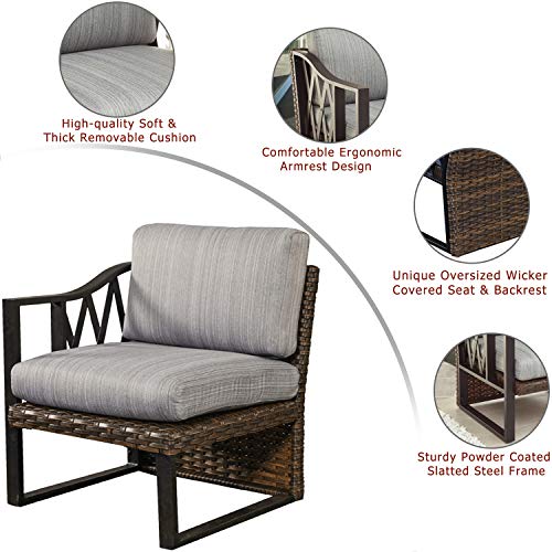 Festival Depot Dining Outdoor Patio Bistro Furniture Right Curved Armrest Section Chairs Wicker Rattan Premium Fabric Soft 5.5" Cushions with Metal Steel Frame Legs for Garden Poolside All-Weather