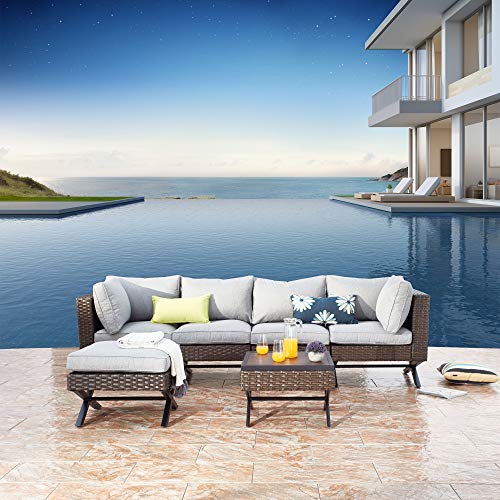 Festival Depot 6pcs Outdoor Furniture Patio Conversation Set Sectional Corner Sofa Chairs with X Shaped Metal Leg All Weather Brown Rattan Wicker Ottoman Side Coffee Table with Grey Seat Back Cushions