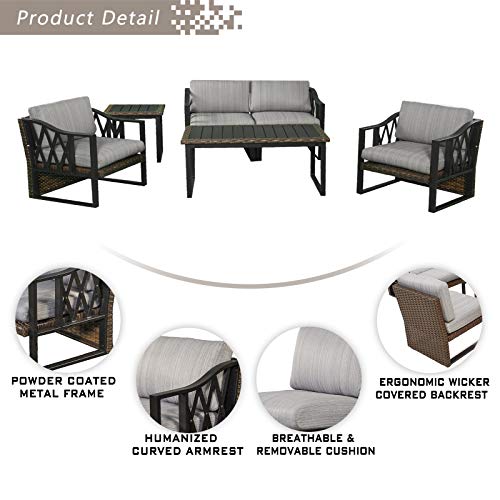 Festival Depot 6pcs Outdoor Furniture Patio Conversation Set Sectional Sofa Chairs All Weather Brown Rattan Wicker Slatted Coffee Table End Table with Grey Thick Seat Back Cushions, Black 