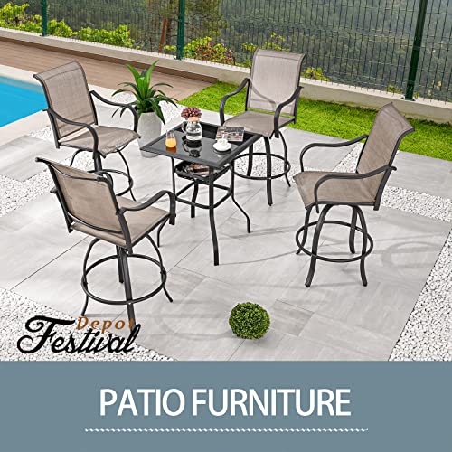 Festival Depot 3 Pcs Patio Bistro Bar Set High Stools Outdoor Furniture with 360° Swivel Armrest Chairs, Coffee Table with Tempered Glass Desktop, Metal Frame for Deck Poolside Garden Porch