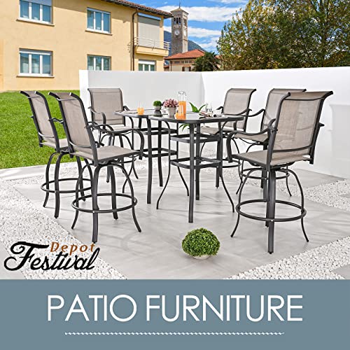 Festival Depot 8 Pcs Patio Dining Set Bar Height Stools Swivel Bistro Chairs with Armrest and Tempered Glass Top Table Metal Outdoor Furniture for Yard (6 Chairs,2 Table) (Taupe) 