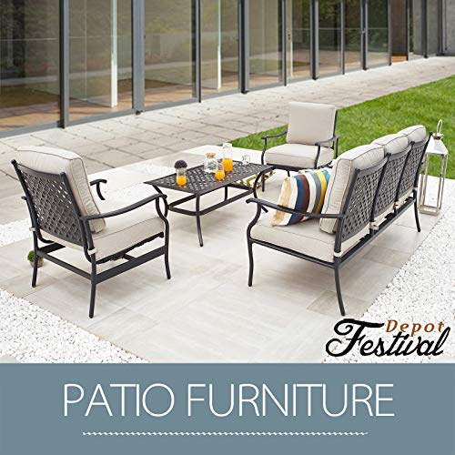 Festival Depot 4 Pcs Conversation Sets 5 Seats Patio Outdoor Arm Chairs Loveseat Set with Coffee Table Fabric Metal Frame Furniture Garden Bistro Seating Thick Soft Cushion, 